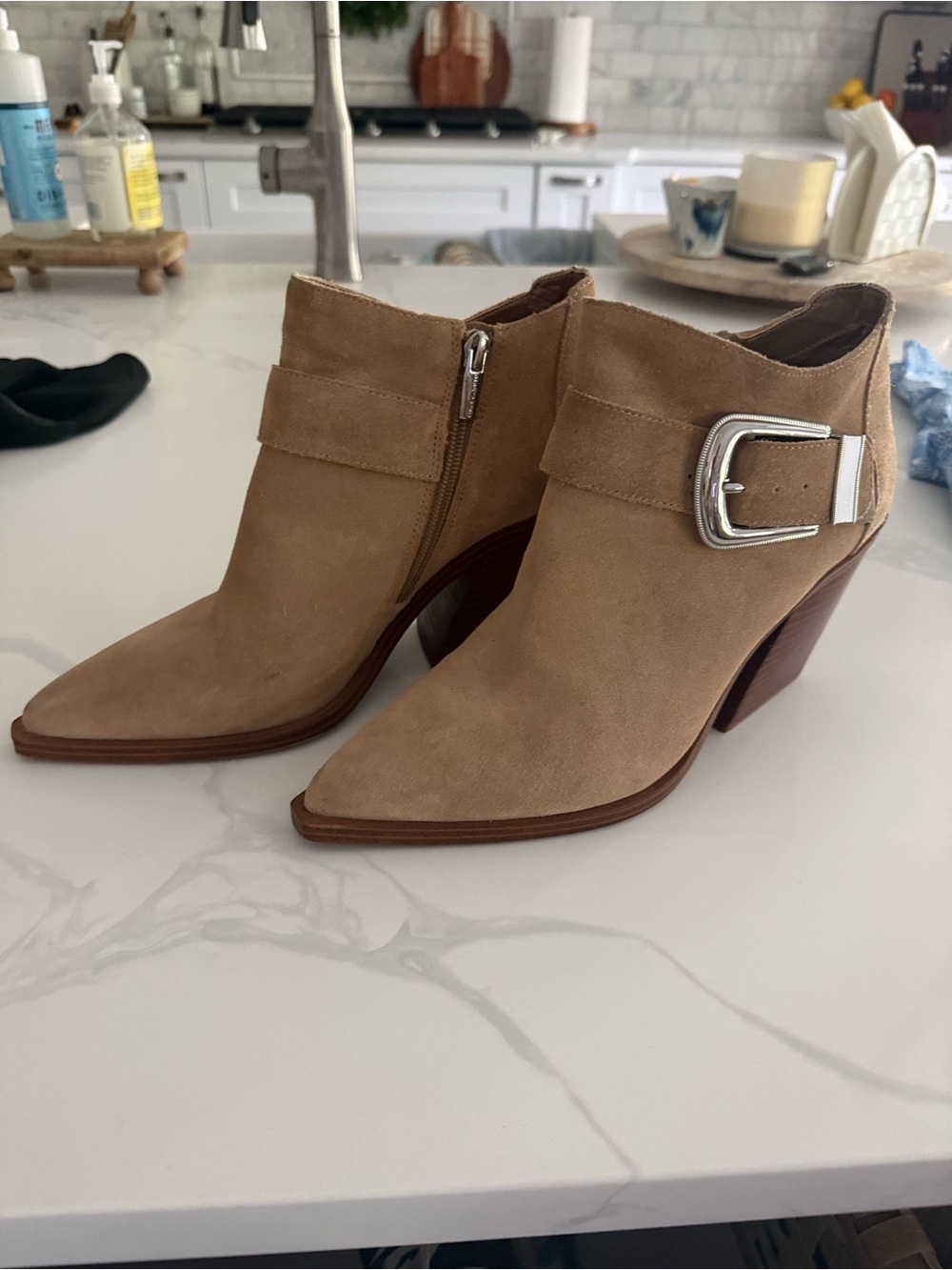Vince Camuto Tan Suede Pointed-Toe Ankle Booties with Silver Buckle